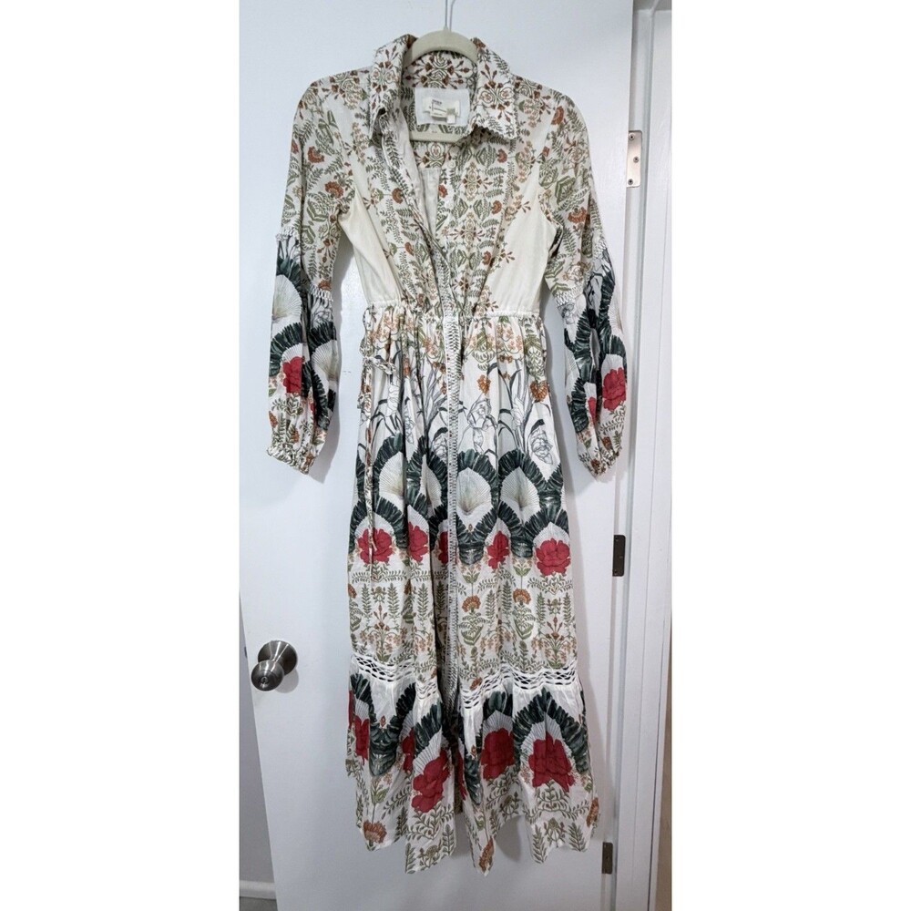 Anthropologie Eleanora Printed Floral Maxi Cotton Silk Shirt Dress SP Runs Big